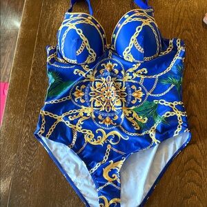 XXL 2X Blue and Gold Chain Print Swimsuit SHEIN Curve w/ Coverup NEW